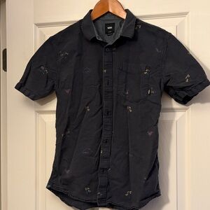 Vans Black Short-Sleeve Button-Down with Tiny Multicolor flamingos and palm tree